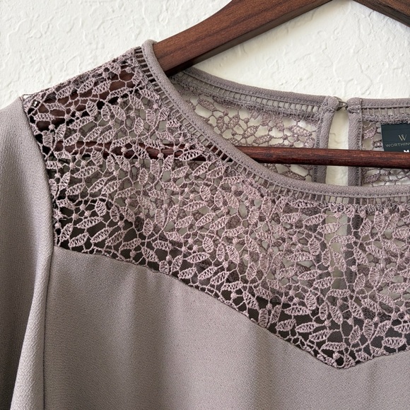 NWT Worthington Taupe Lace Yolk Accent Ruffle Flounce Sleeves Blouse Quiet Lux - Picture 4 of 9